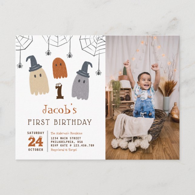 Cute Spooky Ghosts Spiders First Birthday Photo Invitation Postcard (Front)