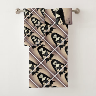 Cute Spooky Girl and Bats Halloween Bath Towel Set