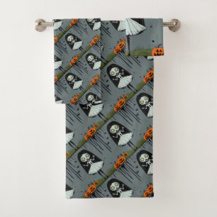 Cute Spooky Girl and Pumpkins Halloween  Bath Towel Set