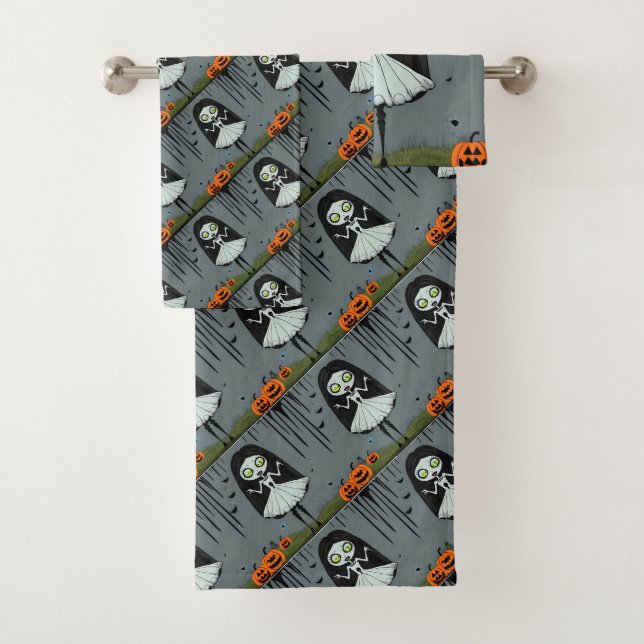Cute Spooky Girl and Pumpkins Halloween  Bath Towel Set (Insitu)