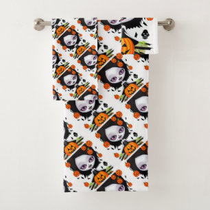 Cute Spooky Girl and Pumpkins Halloween  Bath Towel Set