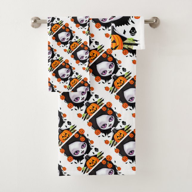 Cute Spooky Girl and Pumpkins Halloween  Bath Towel Set (Insitu)