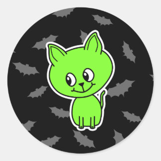 Cute Spooky Green Cat with Bats. Classic Round Sticker