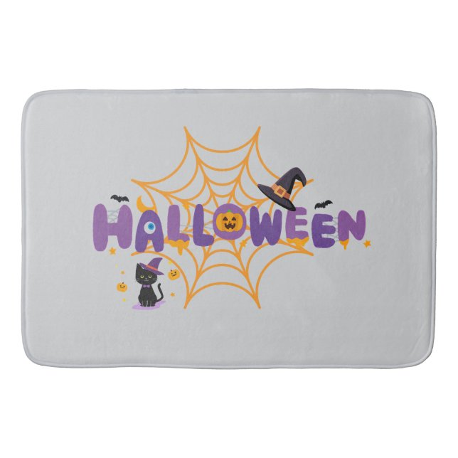 Cute Spooky Halloween Black Cat & Spider Web Bath  Mat (Front)