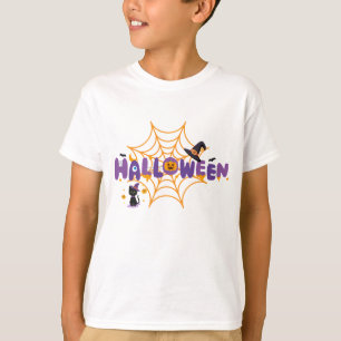 Cute Spooky Halloween Black Cat & Spider Web Kids T-Shirt