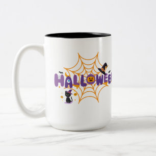 Cute Spooky Halloween Black Cat & Spider Web Mug