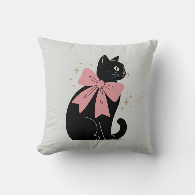 Cute Spooky Halloween Black Cat with Bow Cushion (Front)