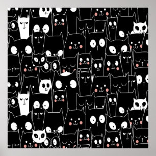Cute Spooky Halloween Black White Cartoon Animal Poster