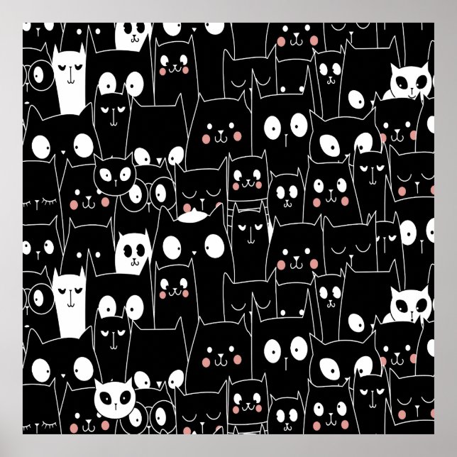 Cute Spooky Halloween Black White Cartoon Animal Poster (Front)