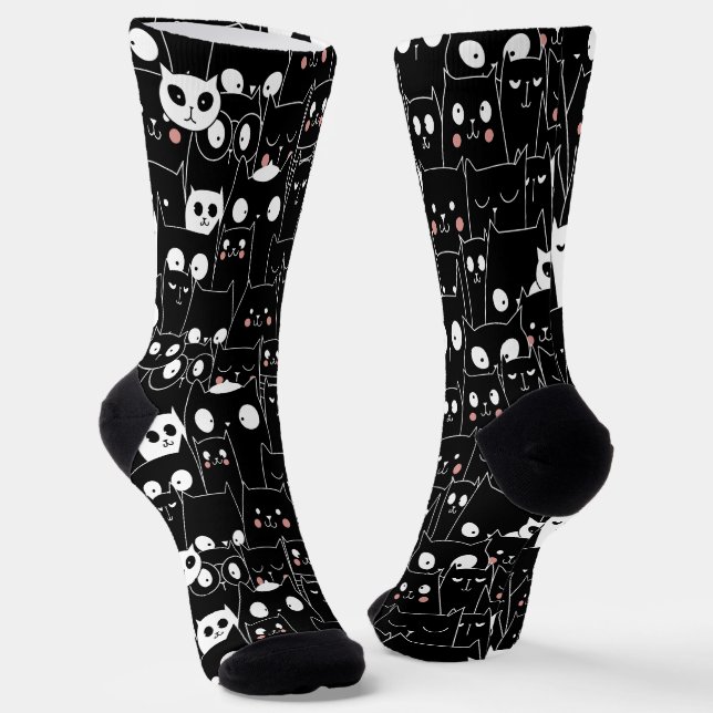 Cute Spooky Halloween Black White Cartoon Animal Socks (Angled)