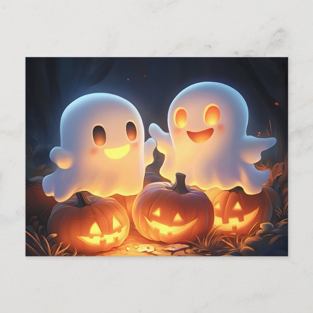 Cute Spooky Halloween Cartoon Ghosts Glowing Pumpk Announcement Postcard (Front)