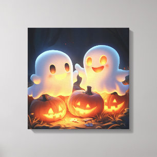 Cute Spooky Halloween Cartoon Ghosts Glowing Pumpk Canvas Print