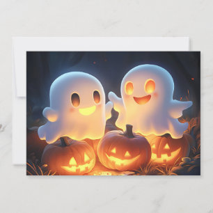 Cute Spooky Halloween Cartoon Ghosts Glowing Pumpk Holiday Card
