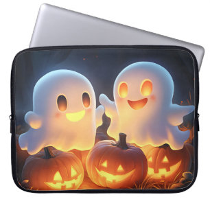 Cute Spooky Halloween Cartoon Ghosts Glowing Pumpk Laptop Sleeve
