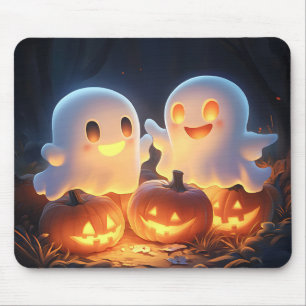 Cute Spooky Halloween Cartoon Ghosts Glowing Pumpk Mouse Mat