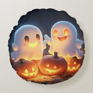 Cute Spooky Halloween Cartoon Ghosts Glowing Pumpk Round Cushion