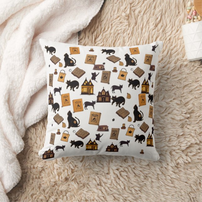 Cute Spooky Halloween Cats & Haunted House Pattern Cushion (Blanket)