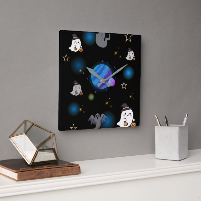 Cute Spooky Halloween Galaxy Square Wall Clock (Office)