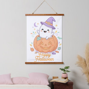 Cute Spooky Halloween Ghost and Pumpkin Wallpaper Hanging Tapestry