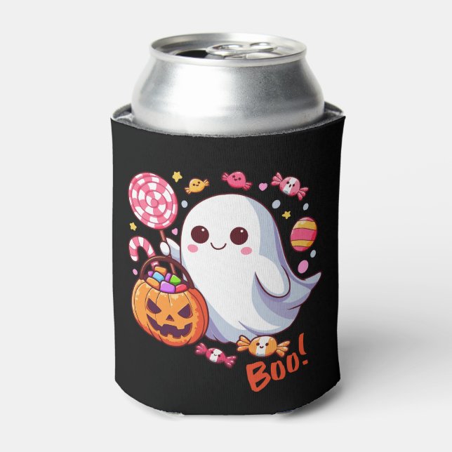 Cute Spooky Halloween Ghost, Pumpkins, and Candy Can Cooler (Can Front)