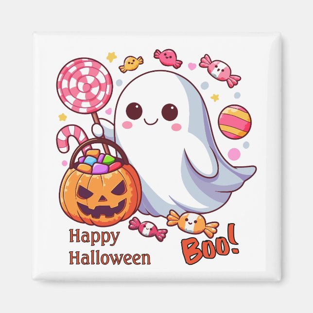 Cute Spooky Halloween Ghost, Pumpkins, and Candy Magnet (Front)