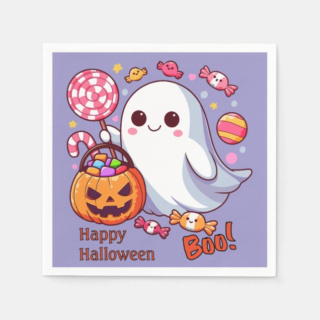 Cute Spooky Halloween Ghost, Pumpkins, and Candy Napkin (Front)