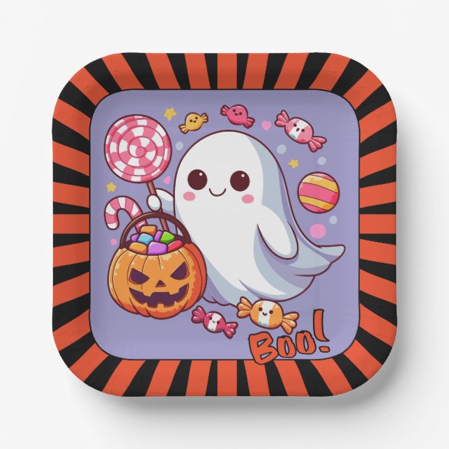 Cute Spooky Halloween Ghost, Pumpkins, and Candy Paper Plate (Front)