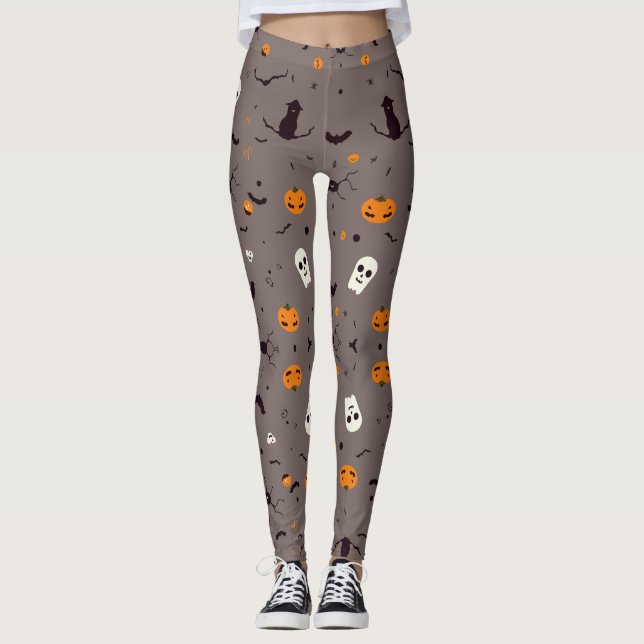 Cute Spooky Halloween Ghosts and Pumpkin Pattern Leggings (Front)