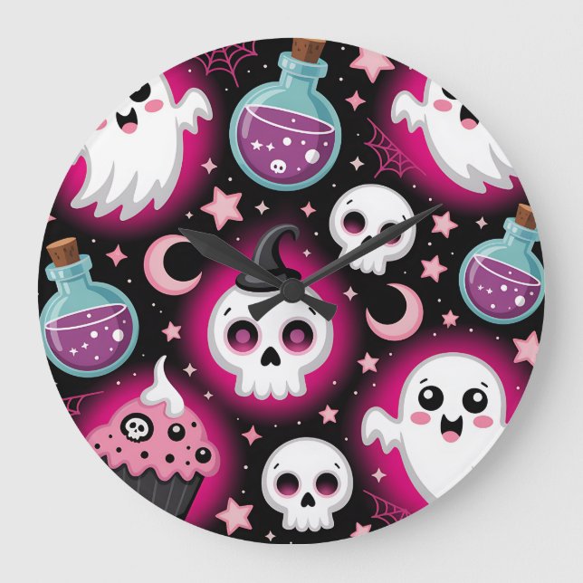 Cute Spooky Halloween Pattern with Ghosts, Skulls  Large Clock (Front)