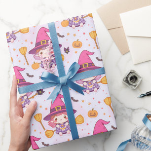 Cute Spooky Halloween Pattern with Witch Pumpkin Wrapping Paper