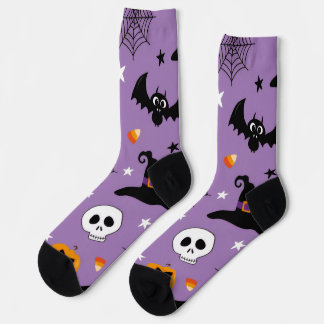 Cute Spooky Halloween Socks | Purple Bat, Skull &