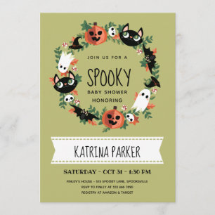 Cute Spooky Halloween Wreath Green Baby Shower Invitation
