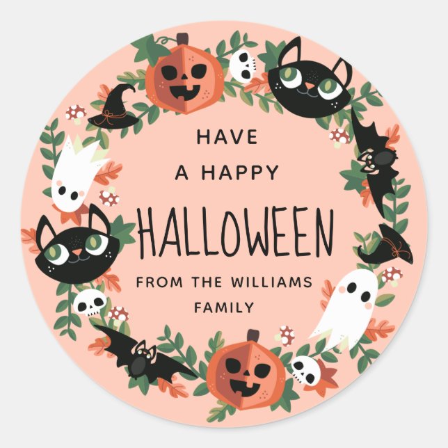 Cute Spooky Happy Halloween Wreath Classic Round Sticker (Front)