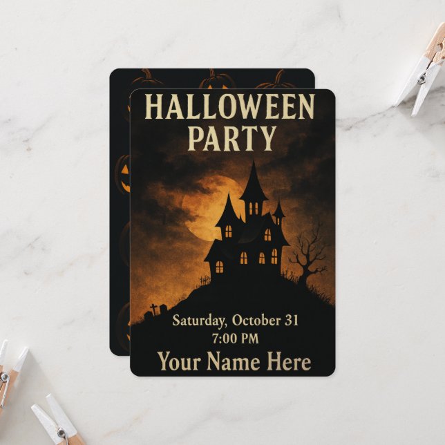 Cute Spooky Haunted House - Halloween Invitation (Front/Back In Situ)