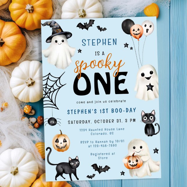 Cute Spooky One Blue Halloween Boy 1st Birthday Invitation (Creator Uploaded)