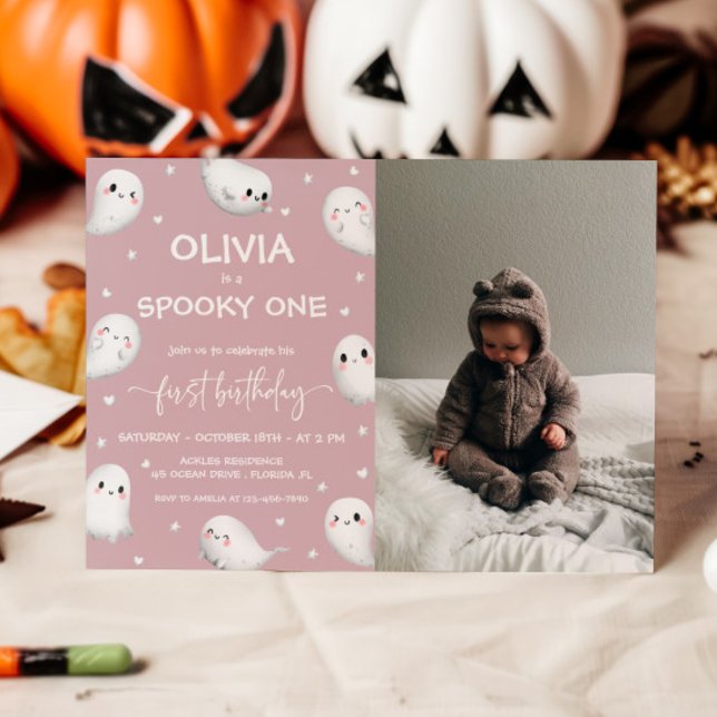 Cute Spooky One Halloween Girl 1st Birthday Photo Invitation (Creator Uploaded)