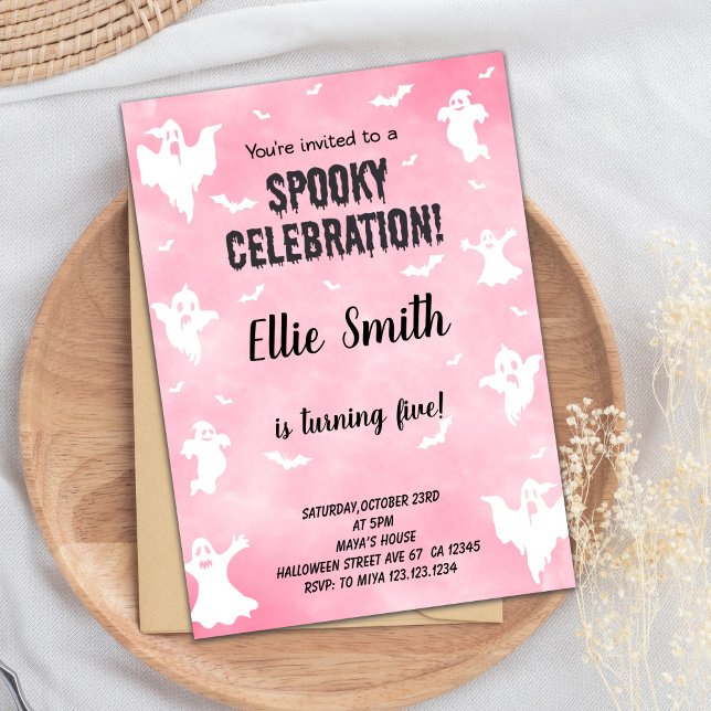 Cute Spooky Party Card for Girls or Kids (Pink Halloween Birthday Invitations)