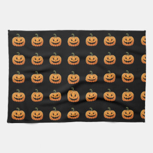 Cute Spooky Pumpkin Pattern Black Halloween Tea Towel