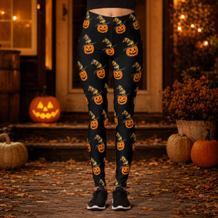 Cute Spooky Pumpkin Witch Hat Halloween Leggings