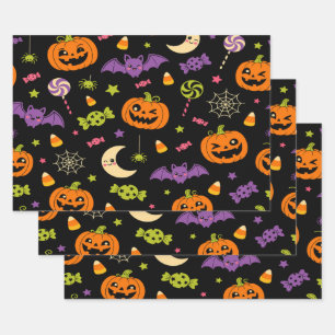 Cute Spooky Retro Kawaii Halloween Candy Pumpkins Wrapping Paper Sheet