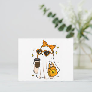 Cute Spooky Season Ghost with Iced Coffee & Heart Holiday Postcard