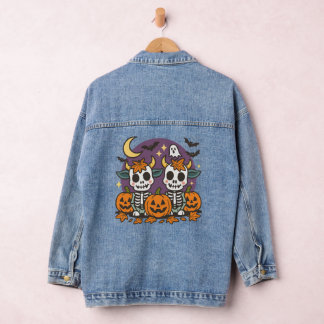Cute Spooky Skeleton Cows with Pumpkins  Denim Jacket