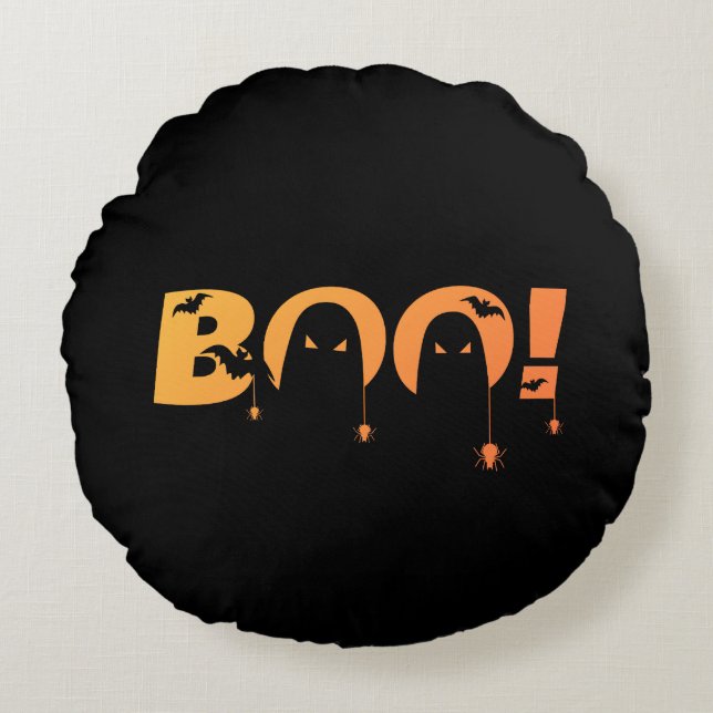 Cute Spooky Typography with Bats & Spiders Round Cushion (Front)