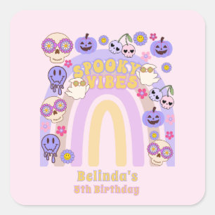 Cute Spooky Vibes Groovy Ghost Halloween Birthday Square Sticker