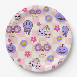 Cute Spooky Vibes Groovy Ghost Halloween Paper Plate