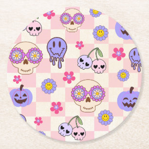 Cute Spooky Vibes Groovy Ghost Halloween Round Paper Coaster