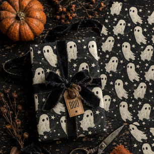 Cute Spooky Vintage Ghosts Black & White Halloween Wrapping Paper
