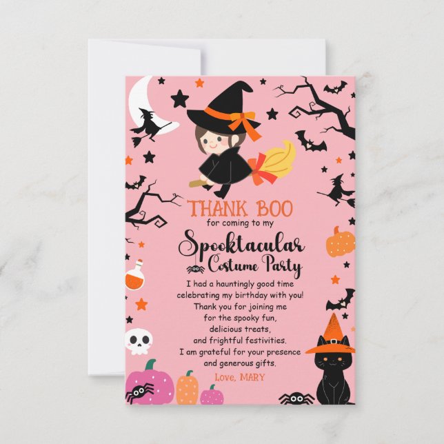 Cute& Spooky Witch Pink Halloween Birthday Bash Thank You Card (Front)