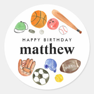 Cute Sports Balls Kid Boy Happy Birthday Favour Classic Round Sticker