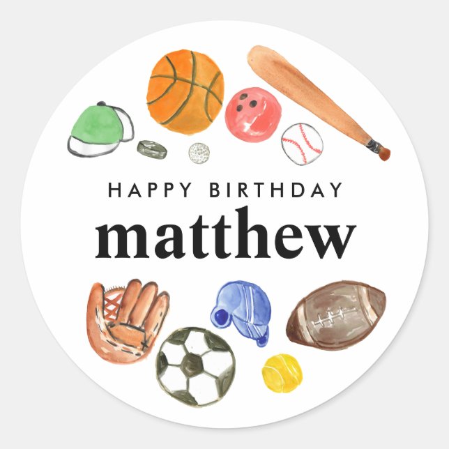 Cute Sports Balls Kid Boy Happy Birthday Favour Classic Round Sticker (Front)